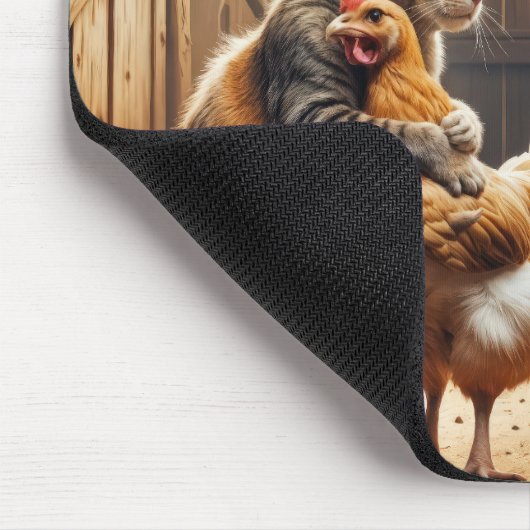 Katze umarmt ein Hühnchen auf einer Farm Mousepad (Ecke)