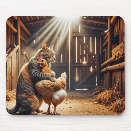 Katze umarmt ein Hühnchen auf einer Farm Mousepad (Vorne)