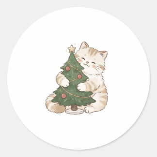 Katze umarmt winzigen Weihnachtsbaum-Aufkleber Runder Aufkleber