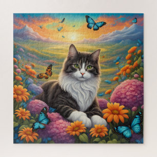 Katze umgeben von Blume und Schmetterlingen Puzzle