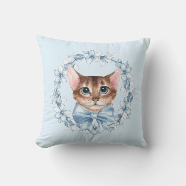 Katze und blaue Blumen Kissen (Vorderseite)