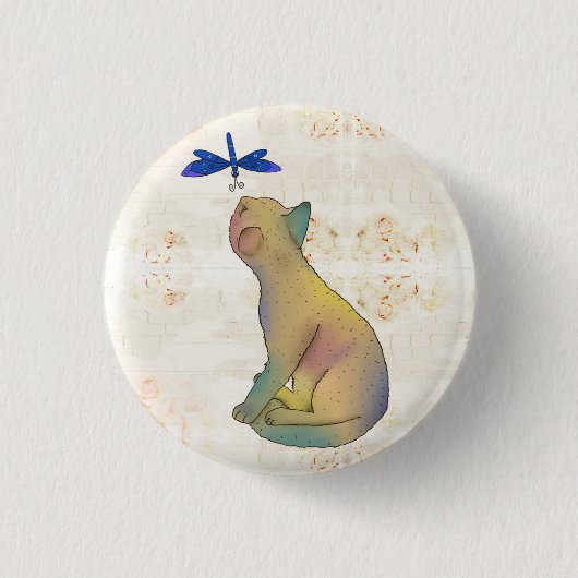 Katze und blaue Libelle Button (Vorderseite)