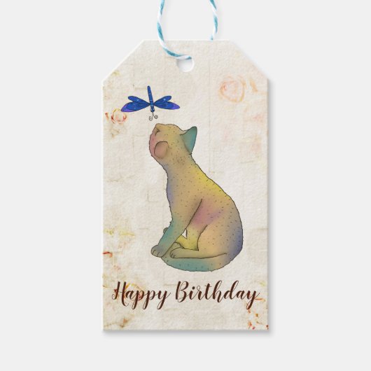 Katze und blaue Libelle Geschenkanhänger (Vorderseite)