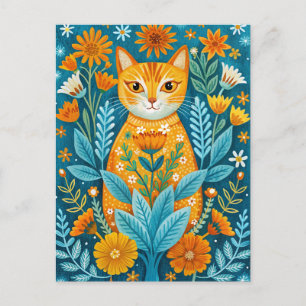 Katze und Blume Folklorekunst Orange und Blau Postkarte