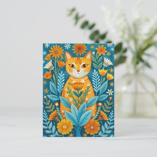 Katze und Blume Folklorekunst Orange und Blau Postkarte (Stehend Vorderseite)