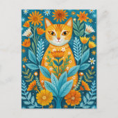 Katze und Blume Folklorekunst Orange und Blau Postkarte (Vorderseite)