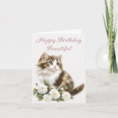 Katze und Blume Happy Birthday Wish Karte (Vorderseite)