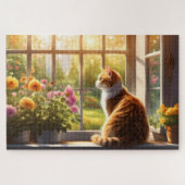 Katze und Blume im sonnigen Fenster Puzzle (Horizontal)