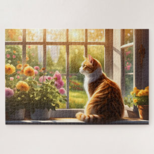 Katze und Blume im sonnigen Fenster Puzzle