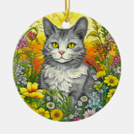 Katze und Blume Keramik Ornament