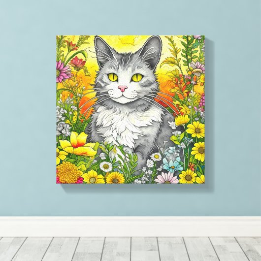 Katze und Blume Leinwanddruck (Insitu (Holzboden))