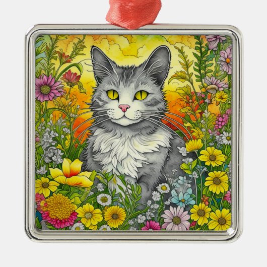 Katze und Blume Ornament Aus Metall (Vorne)