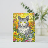 Katze und Blume Postkarte (Stehend Vorderseite)