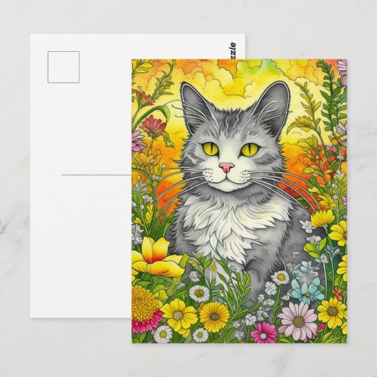 Katze und Blume Postkarte (Vorne/Hinten)