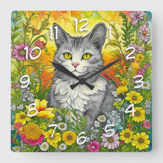 Katze und Blume Quadratische Wanduhr (Vorderseite)