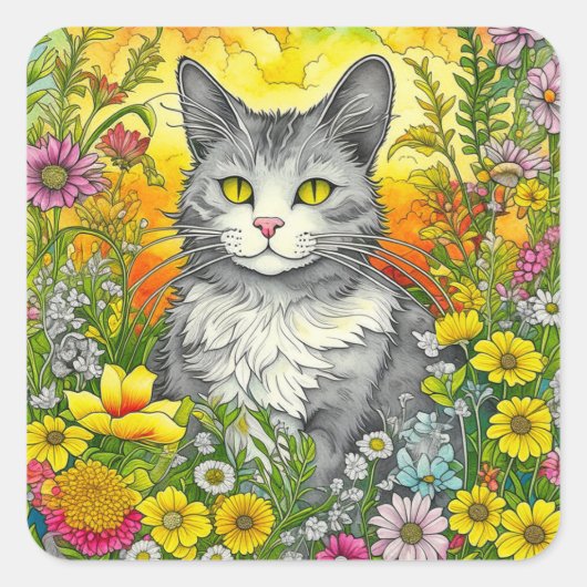 Katze und Blume Quadratischer Aufkleber (Vorderseite)