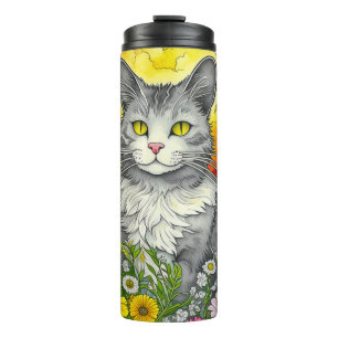 Katze und Blume Thermosbecher