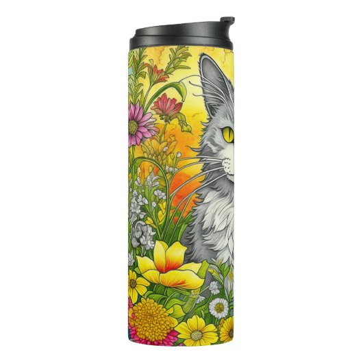 Katze und Blume Thermosbecher (Nach links gedreht)
