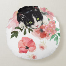 Katze und Blumen rundes Throw-Kissen (16")