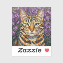 Katze und Blumen | Süße künstlerische Graue Tabbyk Aufkleber