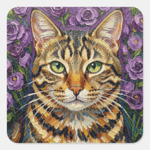 Katze und Blumen   Süße künstlerische Graue Tabbyk Quadratischer Aufkleber