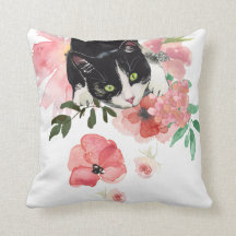 Katze und Blumen, Throw-Kissen 16" x 16"