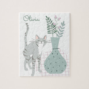 Katze und Boho-Blumen Zeichnung Personalisiert Puzzle