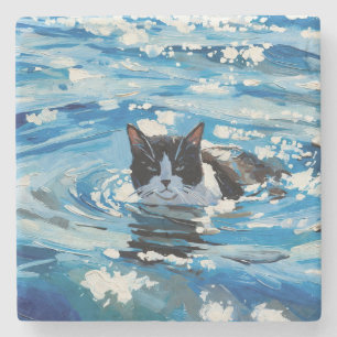 Katze und der Ozean (#4) Steinuntersetzer