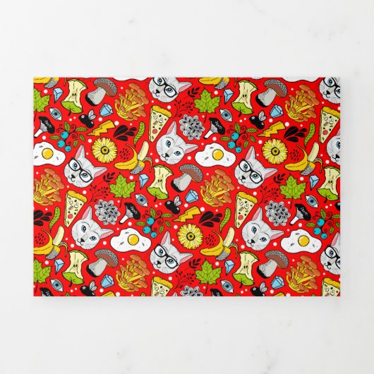 Katze und Ei in Rot Dreifach Gefaltete Einladung (Cover)