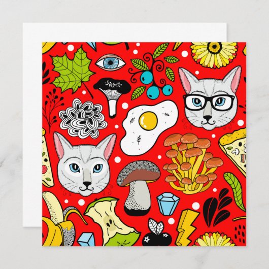 Katze und Ei in Rot Einladung (Vorne/Hinten)