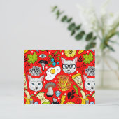 Katze und Ei in Rot Einladungspostkarte (Stehend Vorderseite)