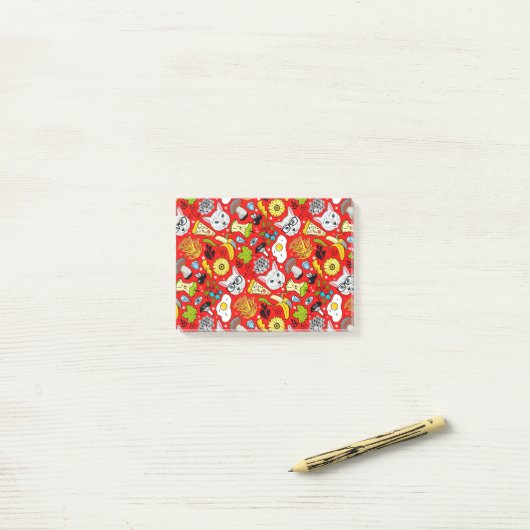 Katze und Ei in Rot Post-it Klebezettel (Auf Schreibtisch)