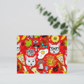 Katze und Ei in Rot Postkarte (Stehend Vorderseite)