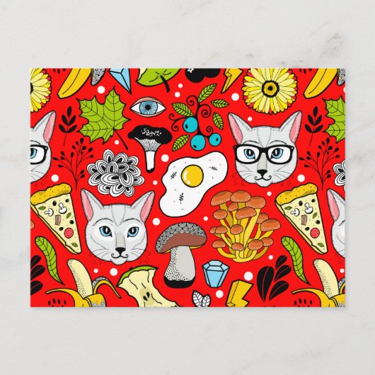 Katze und Ei in Rot Postkarte (Vorderseite)