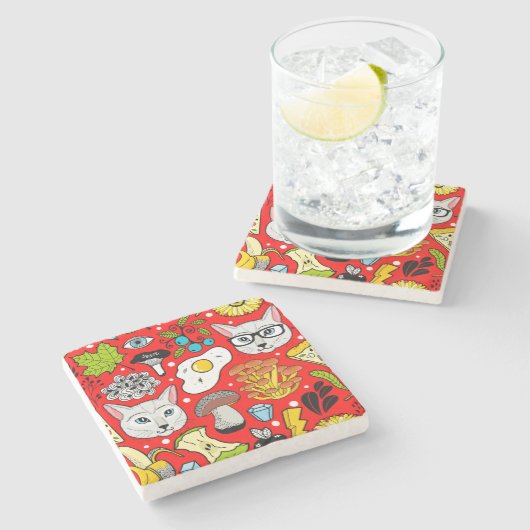 Katze und Ei in Rot Steinuntersetzer (Seitenansicht)