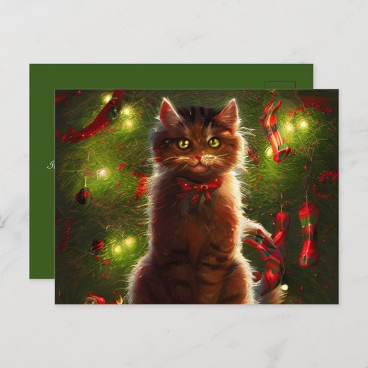 Katze und ein Weihnachtsbaum Grußkarte Postkarte (Vorne/Hinten)
