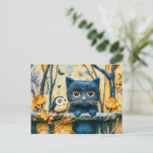 Katze und Eule im Wald bei Nacht gefühlt Postkarte (Stehend Vorderseite)