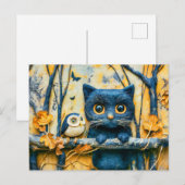 Katze und Eule im Wald bei Nacht gefühlt Postkarte (Vorne/Hinten)