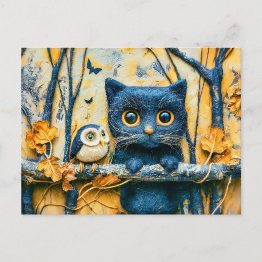 Katze und Eule im Wald bei Nacht gefühlt Postkarte (Vorderseite)