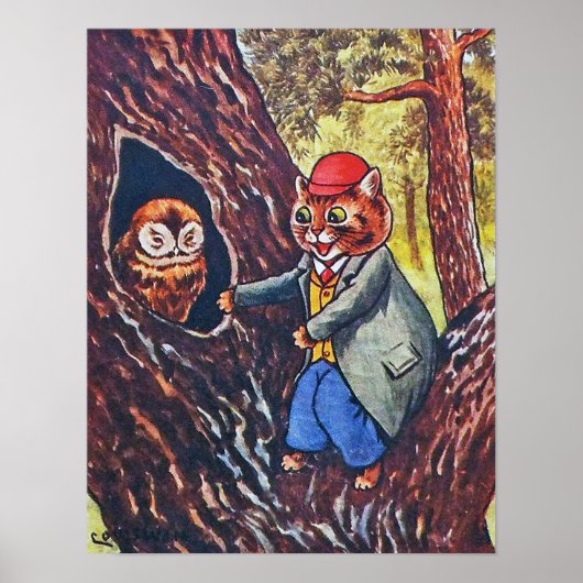Katze und Eule, Louis Wain Poster (Vorne)