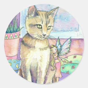 Katze und Feen-Aufkleber von Molly Harrison Runder Aufkleber