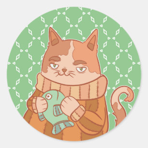 Katze und Fische Runder Aufkleber