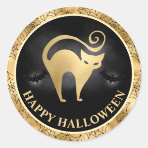 Katze und Fledermäuse Gold & Schwarz Frohes Hallow Runder Aufkleber