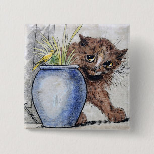 Katze und gelber kleiner Vogel, Louis Wain Button
