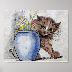 Katze und gelber kleiner Vogel, Louis Wain Poster