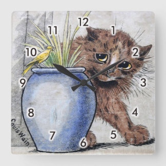 Katze und gelber kleiner Vogel, Louis Wain Quadratische Wanduhr
