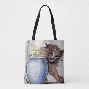 Katze und gelber kleiner Vogel, Louis Wain Tasche