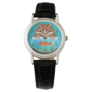 Katze und Goldfish Schüssel Hunger Grinsen Küche Armbanduhr