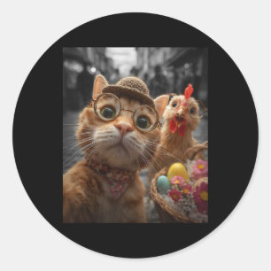 Katze und Huhn Selfie Lustige Vintage-Oster-Eier Runder Aufkleber