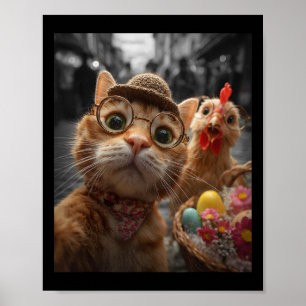 Katze und Huhn Selfie Lustige Vintage-Osterhasen _ Poster